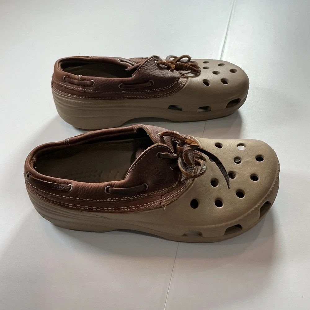 VTG Crocs Tideline Boat Shoe Men 6 Women 8 Brown Leather Croslite Clogs Gorpcore